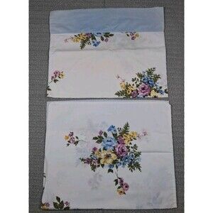 Vtg Floral Cotton Standard Pillowcases Blue Trim 17x28 Cottage Granny Core